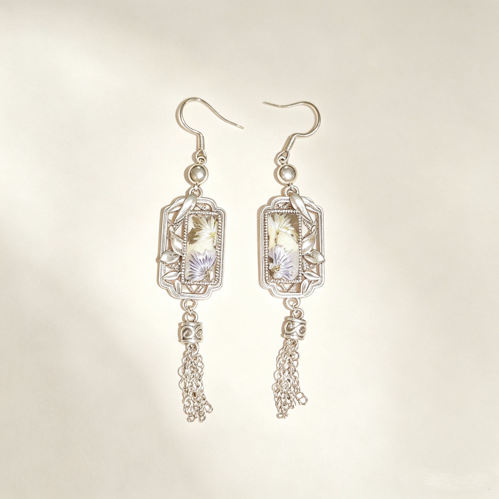 ELA BOUTIQUE |RETRO FLORAL EMBROIDERY RECTANGLE TASSEL EARRING