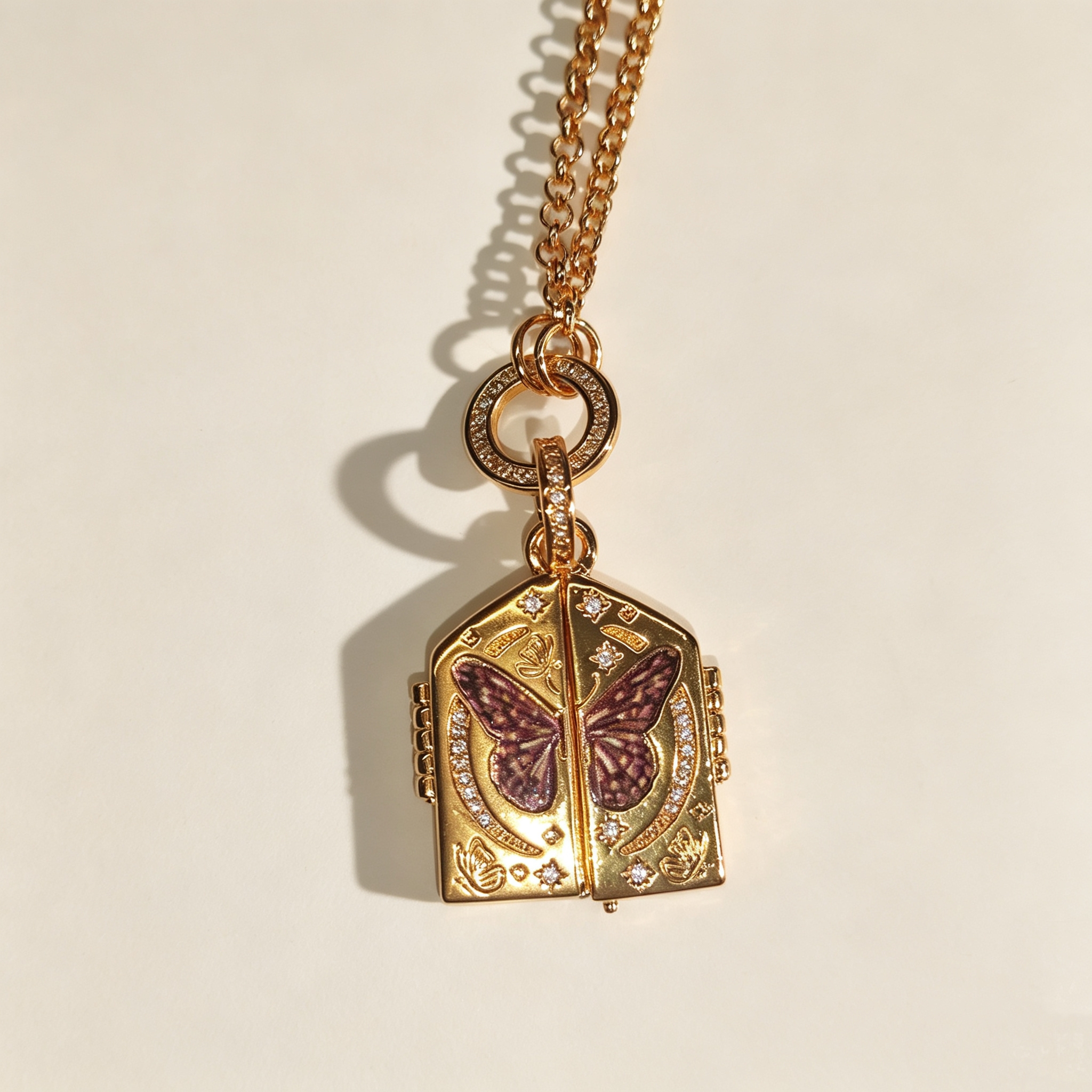 ELA BOUTIQUE| OPENABLE HOUSE SHAPED BUTTERFLY ENAMEL LOCKET NECKLACE