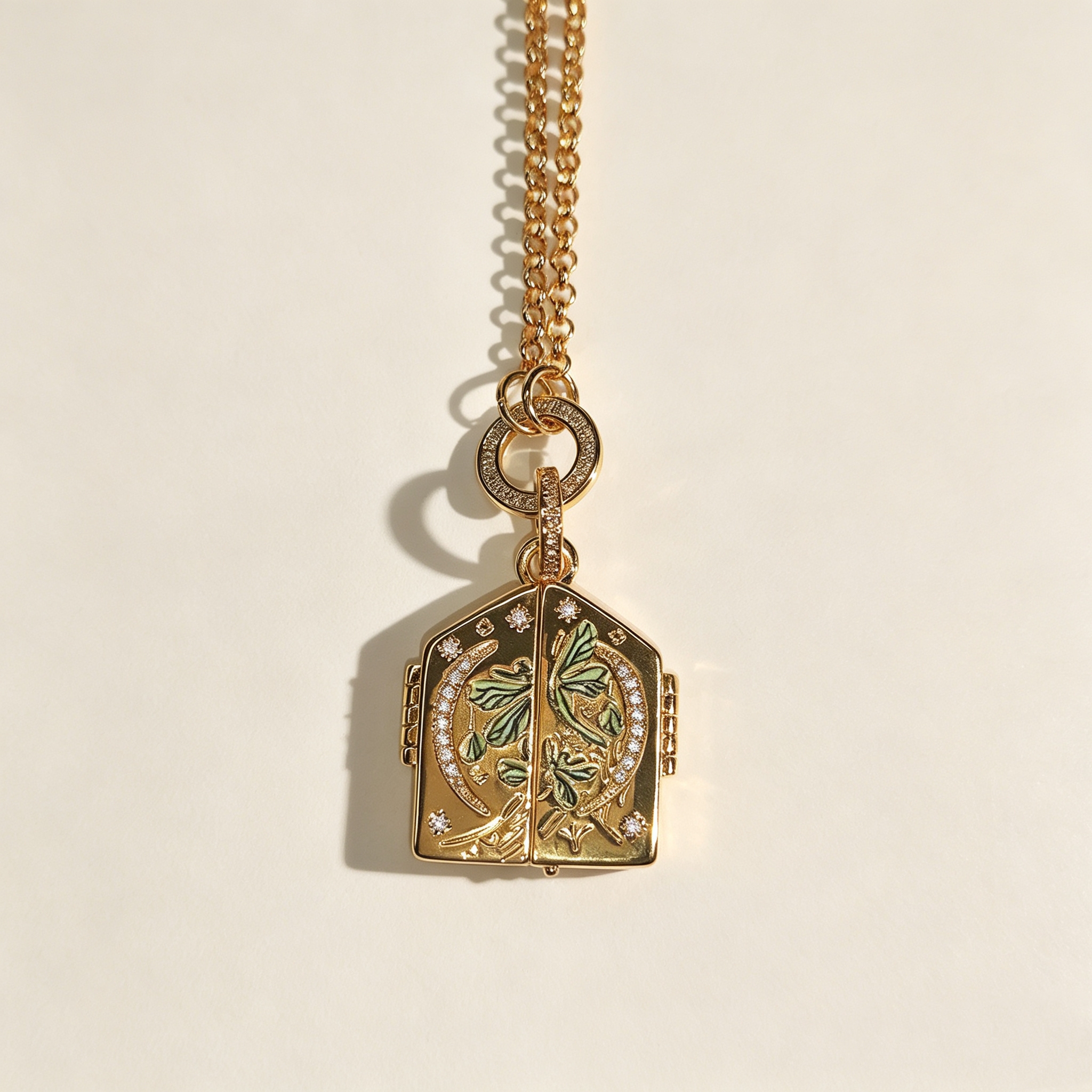 ELA BOUTIQUE| OPENABLE HOUSE SHAPED GREEN FOLIAGE ENAMEL LOCKET NECKLACE